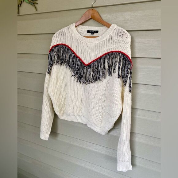 HeartSoul fringe detailed sweater ribbed knit ivory off white western boho sz S - Picture 6 of 11